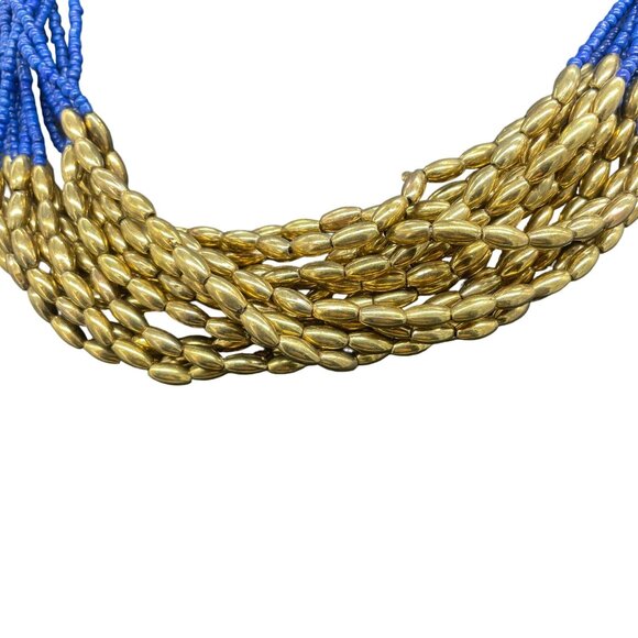 Blue Gold Beaded Layered Multi Strand Necklace Gold Tone Evening Party/Cocktail - Picture 3 of 5